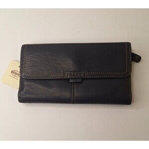 Vintage FOSSIL Wallet Everyday Leather Flap Clutch Black NWT Logo Boho 90's